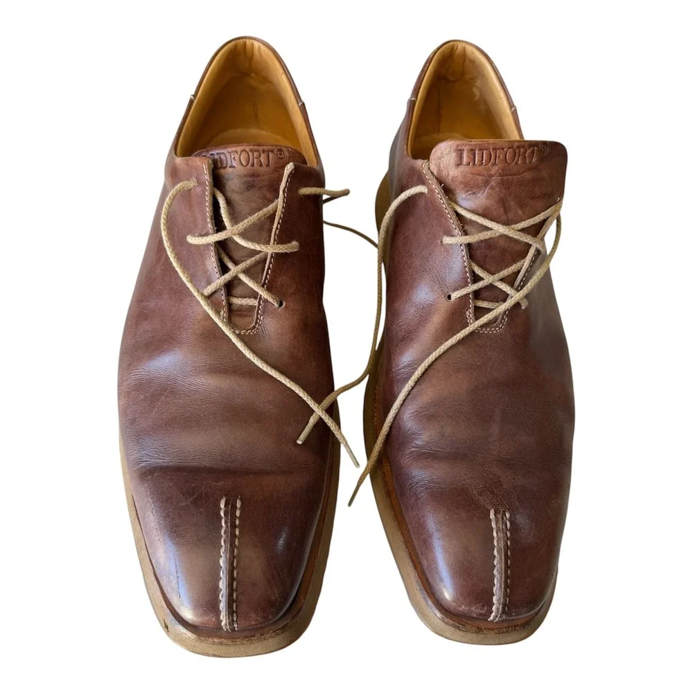 Lidfort Mens Brown Leather Split Toe Oxford Sz 12 Shoes Made in Italy Wedge Sole